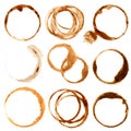 Coffe stains and splashes, dirty brown cup rings vector set Royalty Free Stock Photo