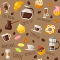 Coffe style seamless pattern with drinks and sweets and lettering.