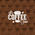 Coffe time logo on seamless pattern coffee type recipe, vector illustration