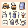 Set of playful cafe food and coffe icons in pastel colors. Isolted. flat illustration. Royalty Free Stock Photo