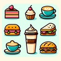 Set of cafe releated food and coffee icons in pastel colors. Isolated. Flat illustration.