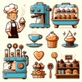 Set of cafe bakery decor releated items with chef cartoon character. Royalty Free Stock Photo