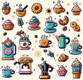 Set of cafe releated icons in cream background in cartoon flat style.