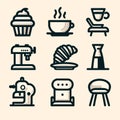 Set of cafe releated icons in cream background in minimalistic flat style.