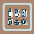Milk releated products in pastel brown background. Isolated items. Vector illustration.