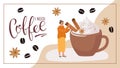 Coffee abstract background. I need Coffee lettering, coffee beans, anise, tiny girl cooking creamy. Abstract backdrop