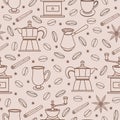Coffee accessories seamless vector pattern. Hand-drawn illustration on a light backdrop. Attributes for brewing a drink