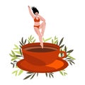 Coffee addict girl jumping in a big cup of coffee