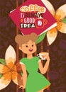 Coffee addiction banner vector illustration. Cute cartoon female coffee lover poster with a cup of hot drink. Coffee is