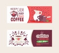 Coffee addiction banners vector illustration. Keep calm and make coffee. Coffeine is foundation of my food pyramid Royalty Free Stock Photo