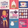 Coffee addiction vector illustration. Cute cartoon female coffee lover with a cup of drink. Coffee is always a good idea