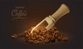 Coffee advertisement with coffee beans, scoop and rising smoke. The effect of transparency. 3D vector. High detailed realistic