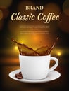 Coffee advertising. Cup with hot drinks and beverage package promotion placard of coffee vector template