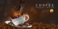 Coffee advertising design with coffee beans and a cup of steaming coffee. Transparency effect. 3D vector. High detailed