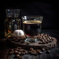 Coffee with alcohol on a wooden stand. Roasted Arabica beans scattered on the table. A decanter in the background. AI