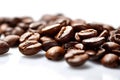 Coffee aroma close up of aromatic coffee beans on a white background