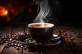Coffee aroma Morning cup with beans, plate, and aromatic smoke