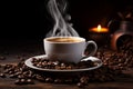 Coffee aroma Morning cup with beans, plate, and aromatic smoke