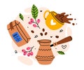 Coffee Aromatic Drink with Cup, Jezve and Package Vector Composition Royalty Free Stock Photo