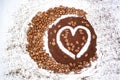 Coffee art on a table with coffeebeans and grounded coffee