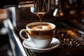 Coffee Artistry. Professional Espresso Machine Brews Scrumptious Coffee into a Gorgeous Brown Cup