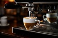 Coffee Artistry. Professional Espresso Machine Brews Scrumptious Coffee into a Gorgeous Brown Cup