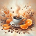 Coffee artwork with a cup of steaming coffe, scattered coffee beans, leaves, and slices of oranges Royalty Free Stock Photo