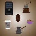 Coffee, coffee attributes, grain, coffee machine, coffee grinder, turk, coffee glass, cupcake.