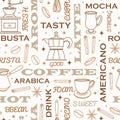 Coffee attributes seamless vector pattern. Hand-drawn illustration on a light background. Accessories for brewing a drink