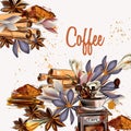 Coffee background with anis stars, crocus and grunge spots