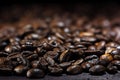 Coffee background, closeup of dark brown roasted coffee beans, c