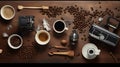 Coffee background with coffee beans, coffee grinder, cup of coffee and wooden spoon