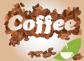 Coffee background with coffee cup and coffee beans, vector