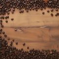 Coffee background mix of different coffee beans on wooden surface