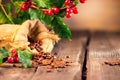 Coffee background. Real coffee plant on wooden table