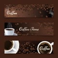 Coffee background. Realistic coffee top view, vector white cup of drink. Roasted beans. Cafe bar restaurant banners Royalty Free Stock Photo