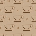 Coffee background. Seamless pattern. Cups on light broun background.