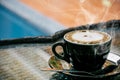 Coffee background, top view with copy space. background, cup of coffee and a smoke good morning, Hot coffee and spoon, Selective f Royalty Free Stock Photo