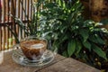 Coffee background, top view with copy space. background, cup of coffee and a smoke good morning, Hot coffee and spoon, Selective f Royalty Free Stock Photo