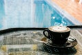 Coffee background, top view with copy space. background, cup of coffee and a smoke good morning, Hot coffee and spoon, Selective f Royalty Free Stock Photo