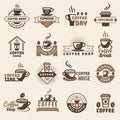 Coffee badges. Kitchen logo for hot drinks fresh liquid products mugs with beans stylized recent vector set