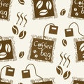 Coffee bag and beans vector seamless pattern background. Brown off white backdrop with disposable freshly brewed sachets Royalty Free Stock Photo