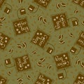 Coffee bag and beans vector seamless pattern background. Sage greeb brown backdrop with disposable freshly brewed Royalty Free Stock Photo