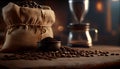 Coffee bag - coffee beans in canvas coffee sack Royalty Free Stock Photo
