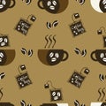 Coffee bag and cups vector seamless pattern background. Brown backdrop with disposable freshly brewed sachets of lattes