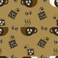 Coffee bag and cups vector seamless pattern background. Brown backdrop with disposable freshly brewed sachets of lattes Royalty Free Stock Photo