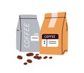 Coffee bags, closed packages and fresh roasted coffe beans composition. Aromatic product in paper pack for caffeine