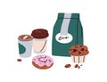 Coffee and bakery composition. Coffe beverage in takeaway paper cups, fresh beans packed in bag package, sweet desserts