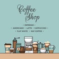 Coffee banner. Cup and coffee brewing methods. Coffee makers and coffee machines, kettle, french press, moka pot, cezve. Flat