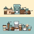 Coffee banner. Cup and coffee brewing methods. Coffee makers and coffee machines, kettle, french press, moka pot, cezve. Flat